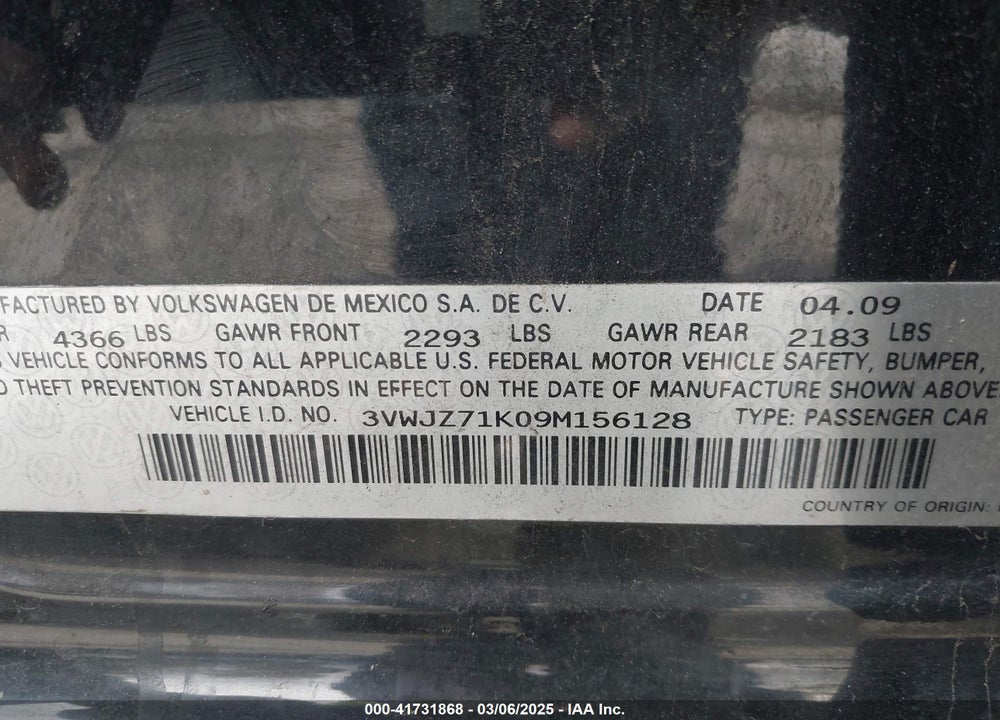 2009 VOLKSWAGEN JETTA VIN: 3VWJZ71K09M156128