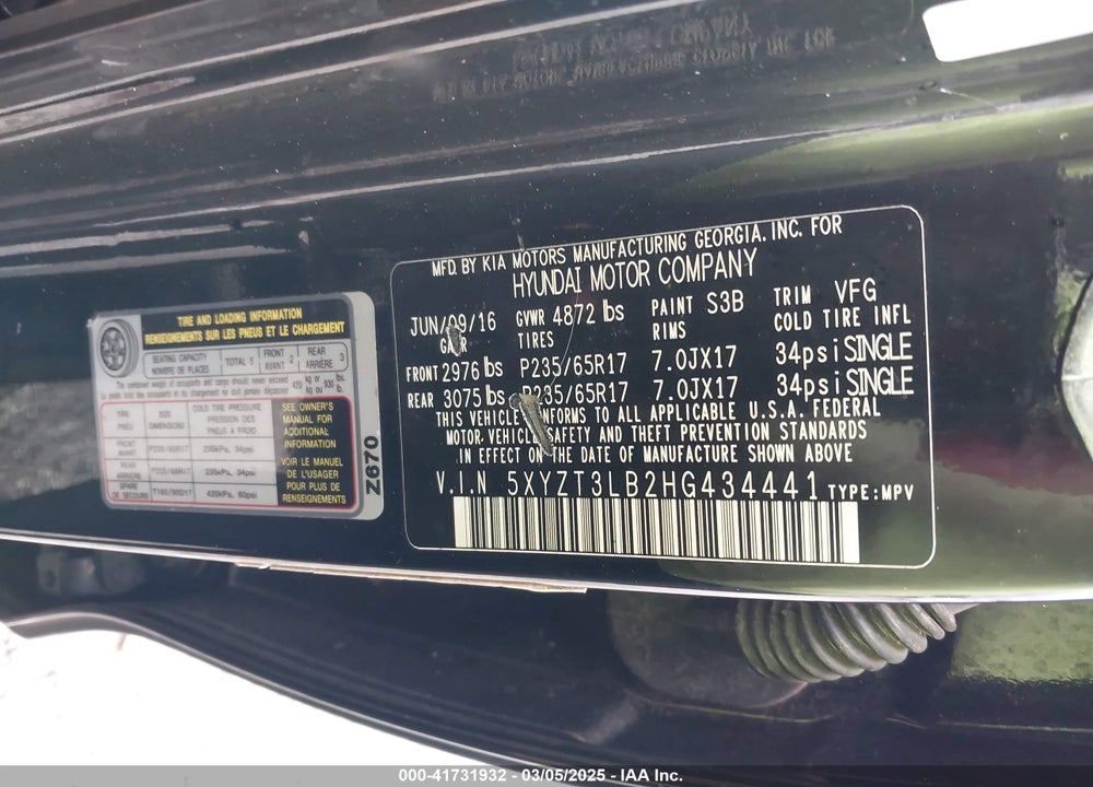 2017 HYUNDAI SANTA FE SPORT VIN: 5XYZT3LB2HG434441