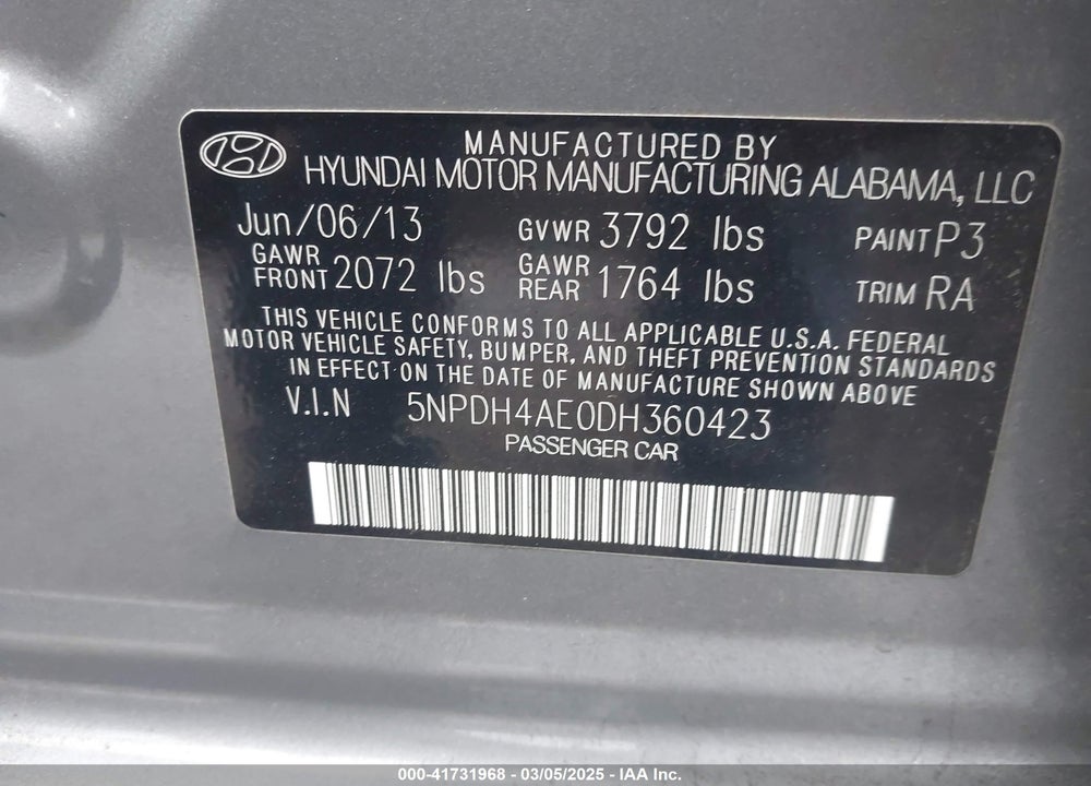 2013 HYUNDAI ELANTRA VIN: 5NPDH4AE0DH360423
