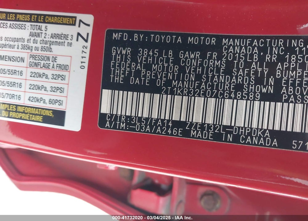 2007 TOYOTA MATRIX VIN: 2T1KR32E07C648589