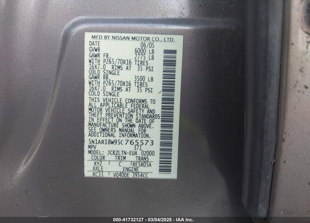 2005 NISSAN PATHFINDER VIN: 5N1AR18W95C765573
