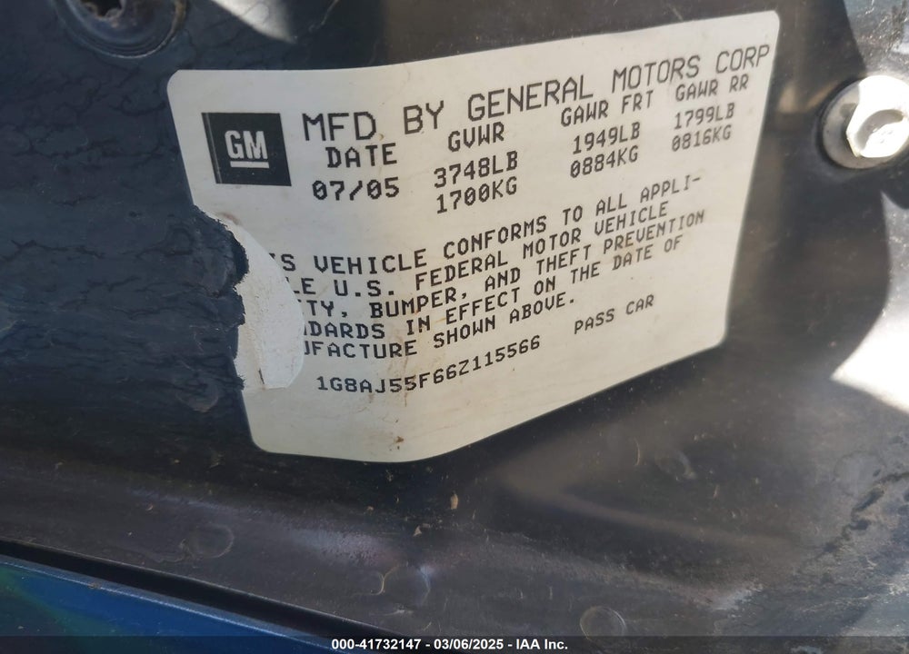 2006 SATURN ION 2 VIN: 1G8AJ55F66Z115566