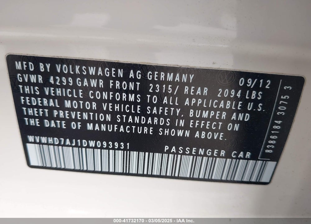2013 VOLKSWAGEN GTI VIN: WVWHD7AJ1DW093931