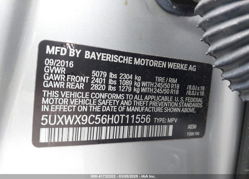 2017 BMW X3 XDRIVE28I VIN: 5UXWX9C56H0T11556