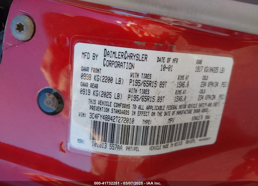 2002 CHRYSLER PT CRUISER VIN: 3C4FY48B42T272010