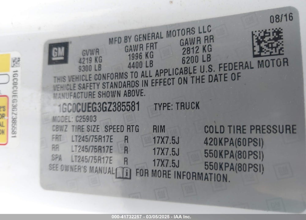 2016 CHEVROLET SILVERADO 2500HD VIN: 1GC0CUEG3GZ385581