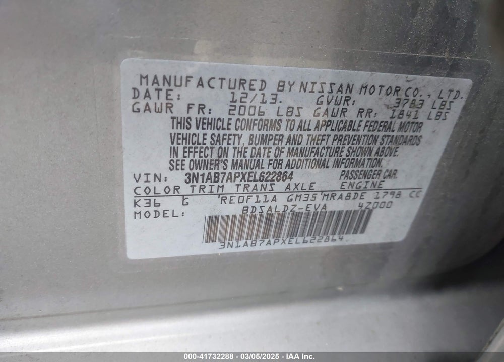 2014 NISSAN SENTRA VIN: 3N1AB7APXEL622864