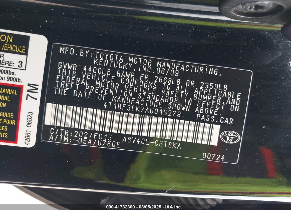 2010 TOYOTA CAMRY SE VIN: 4T1BF3EK7AU015278