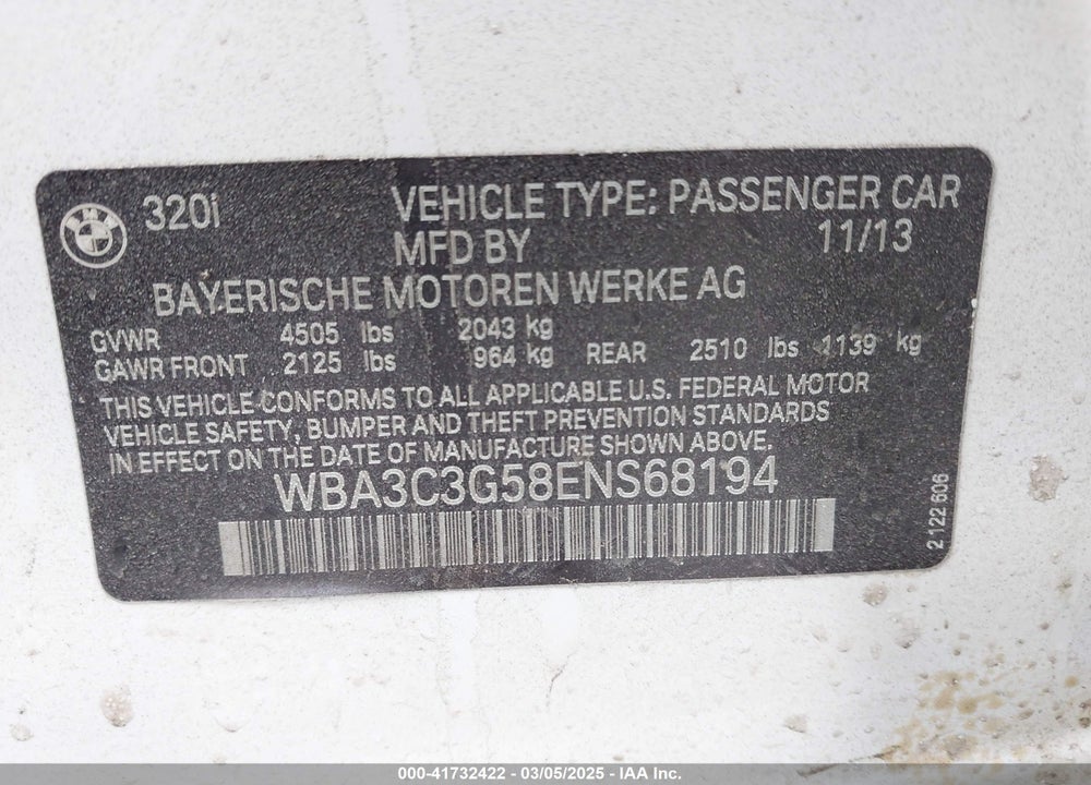 2014 BMW 320I XDRIVE VIN: WBA3C3G58ENS68194
