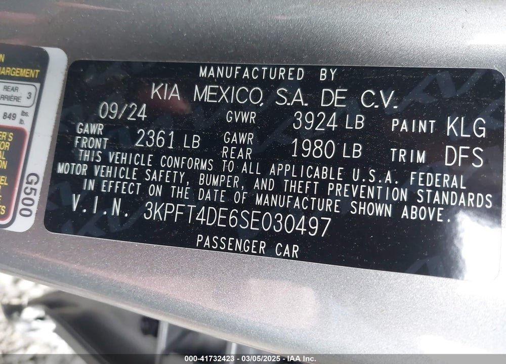 2025 KIA K4 LXS VIN: 3KPFT4DE6SE030497