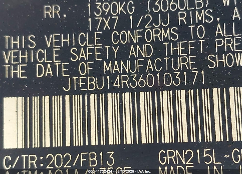 2006 TOYOTA 4RUNNER VIN: JTEBU14R360103171