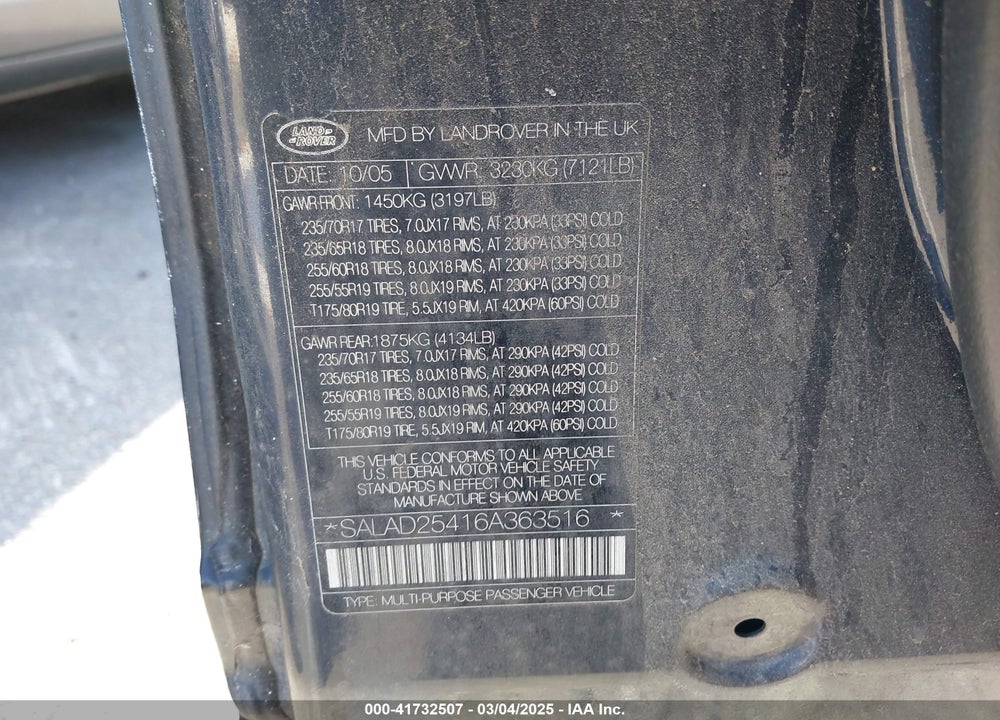 2006 LAND ROVER LR3 VIN: SALAD25416A363516