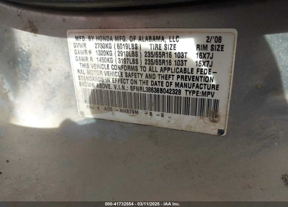 2008 HONDA ODYSSEY VIN: 5FNRL38638B042328