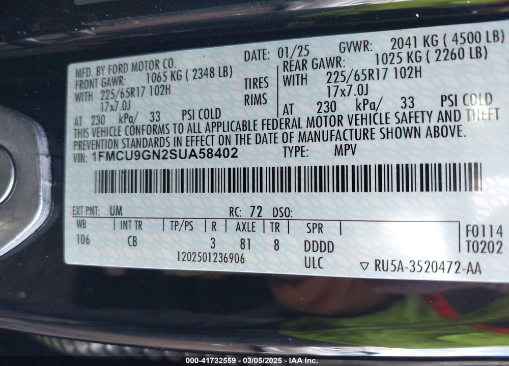 2025 FORD ESCAPE ACTIVE VIN: 1FMCU9GN2SUA58402