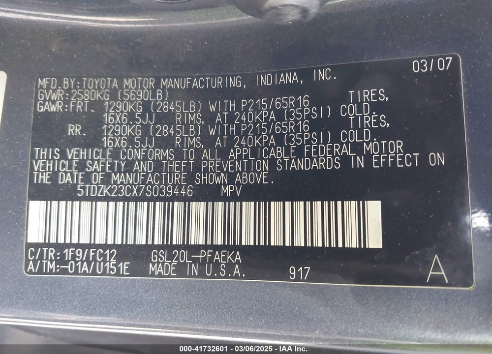 2007 TOYOTA SIENNA VIN: 5TDZK23CX7S039446