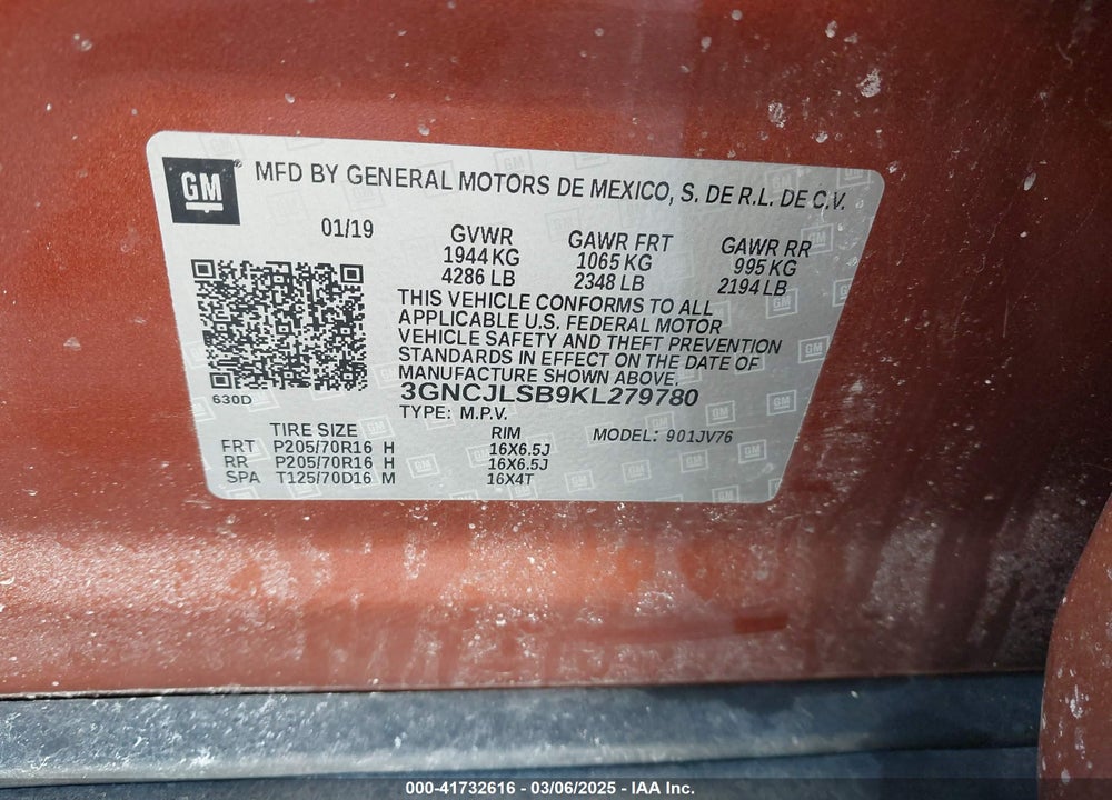 2019 CHEVROLET TRAX VIN: 3GNCJLSB9KL279780