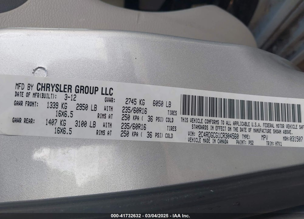 2012 DODGE GRAND CARAVAN VIN: 2C4RDGCG1CR304560