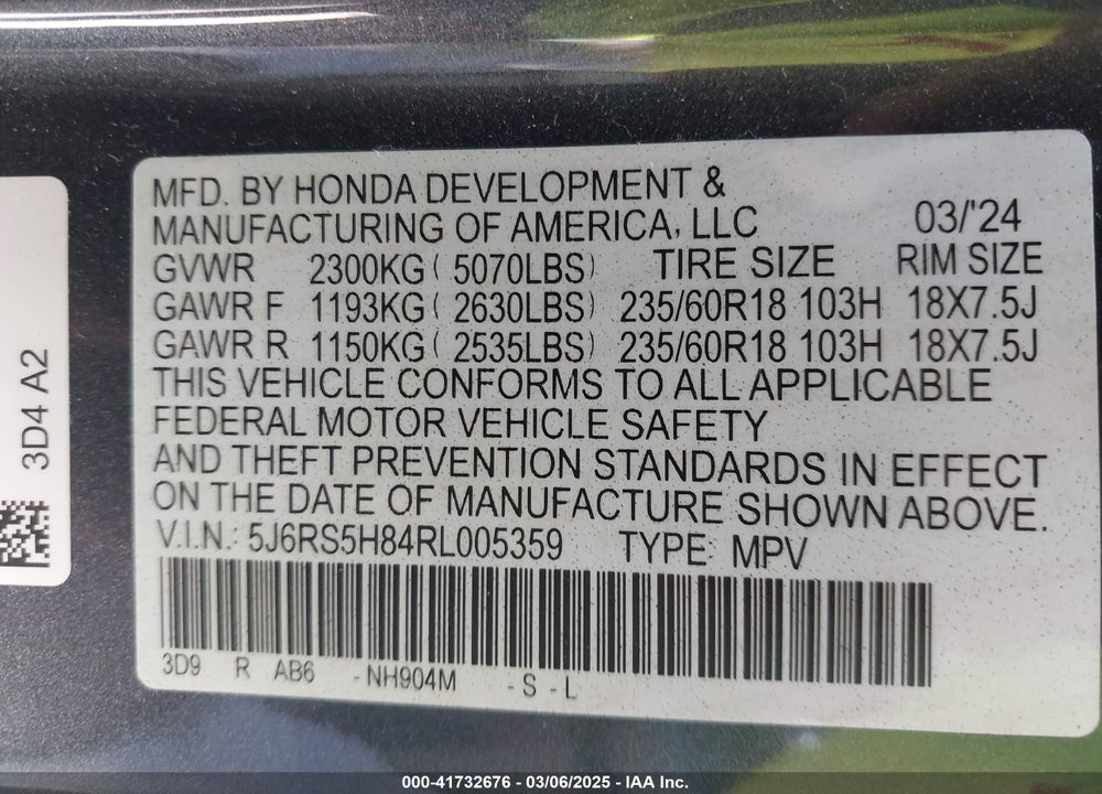 2024 HONDA CR-V HYBRID SPORT-L VIN: 5J6RS5H84RL005359