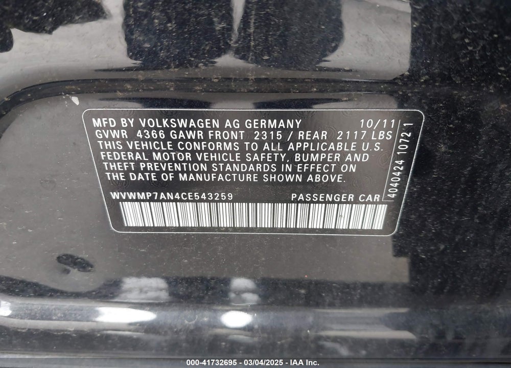 2012 VOLKSWAGEN CC SPORT VIN: WVWMP7AN4CE543259