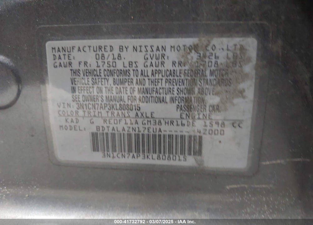 2019 NISSAN VERSA VIN: 3N1CN7AP3KL808015
