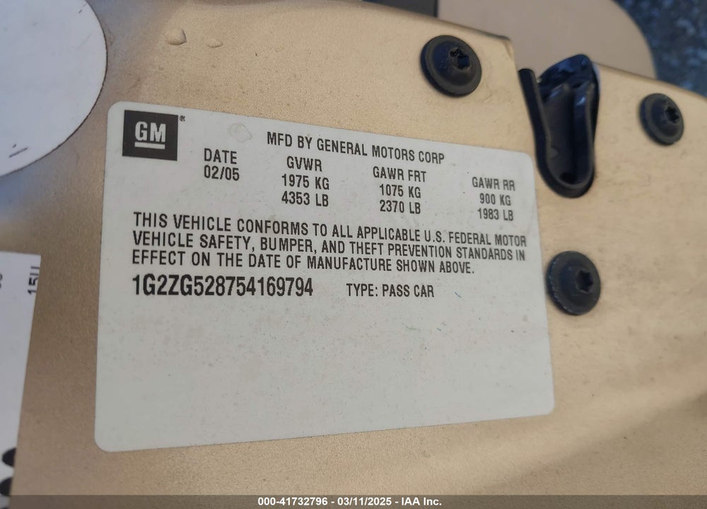 2005 PONTIAC G6 VIN: 1G2ZG528754169794