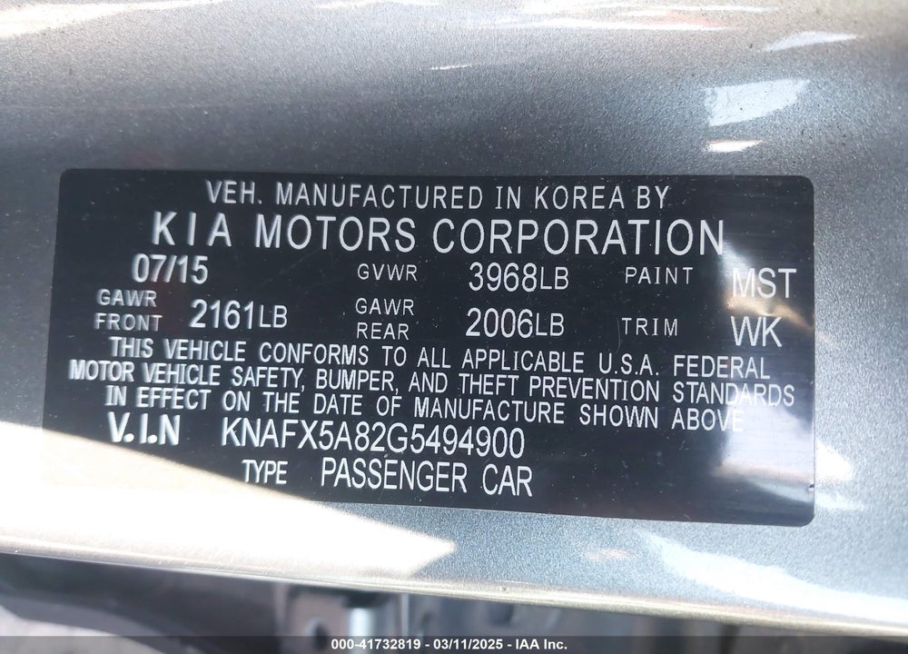 2016 KIA FORTE VIN: KNAFX5A82G5494900