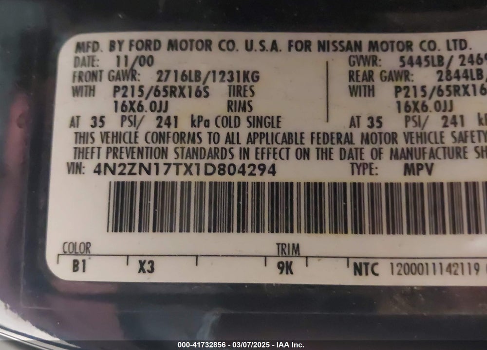 2001 NISSAN QUEST VIN: 4N2ZN17TX1D804294