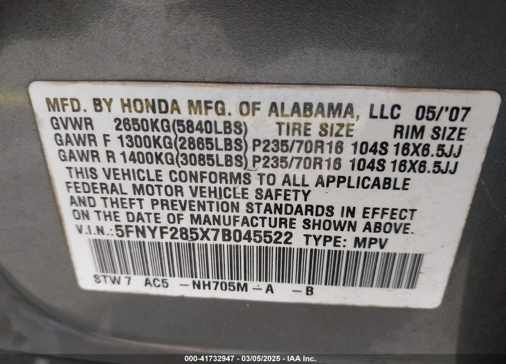 2007 HONDA PILOT EX-L VIN: 5FNYF285X7B045522