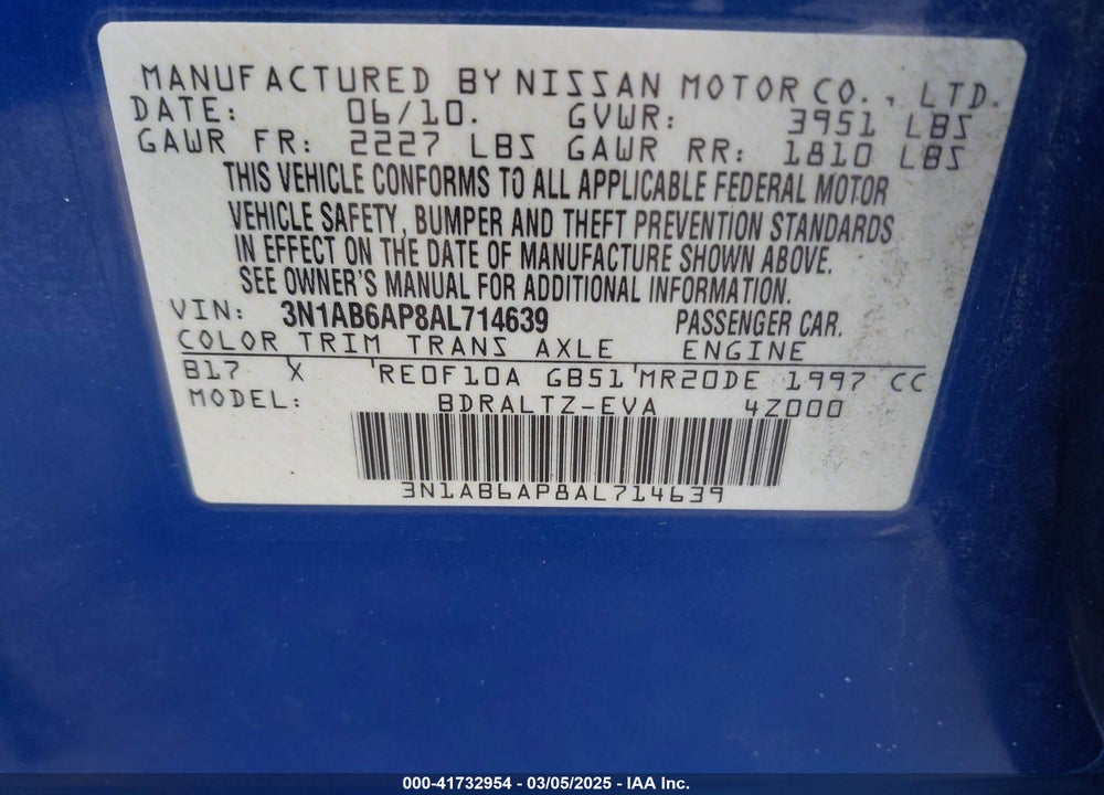 2010 NISSAN SENTRA VIN: 3N1AB6AP8AL714639