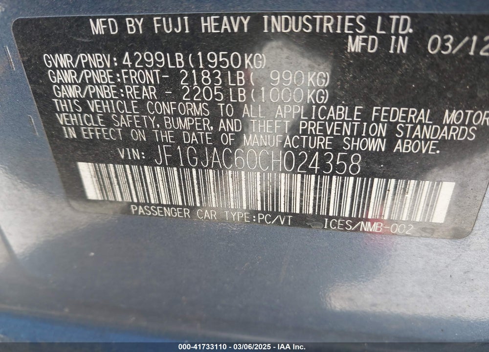 2012 SUBARU IMPREZA 2.0I PREMIUM VIN: JF1GJAC60CH024358