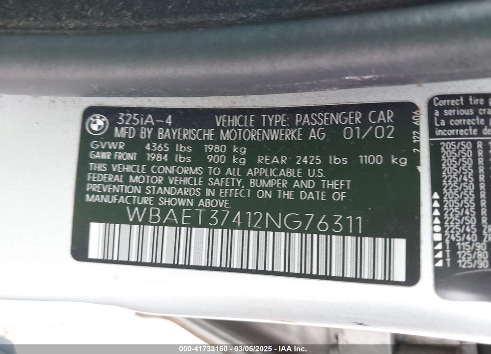 2002 BMW 325I VIN: WBAET37412NG76311