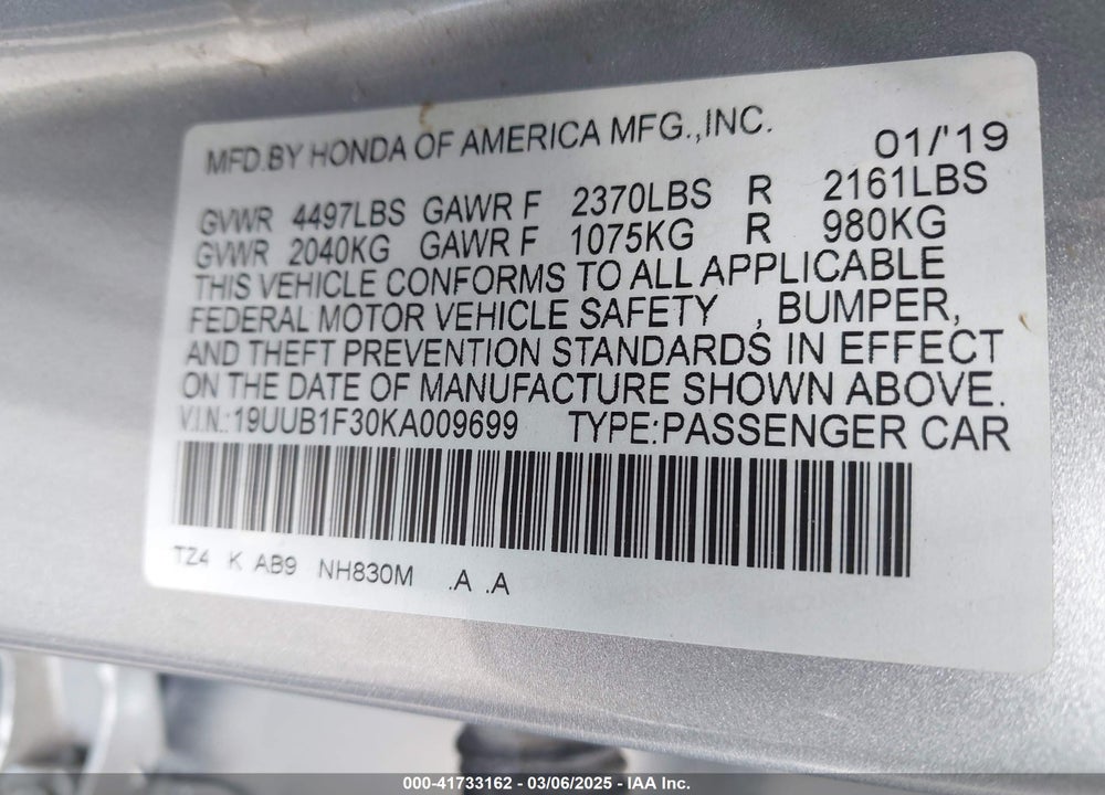2019 ACURA TLX VIN: 19UUB1F30KA009699
