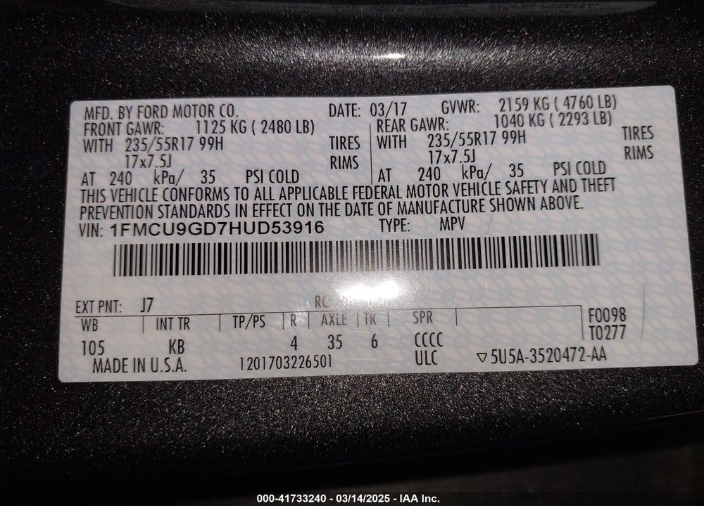 2017 FORD ESCAPE SE VIN: 1FMCU9GD7HUD53916