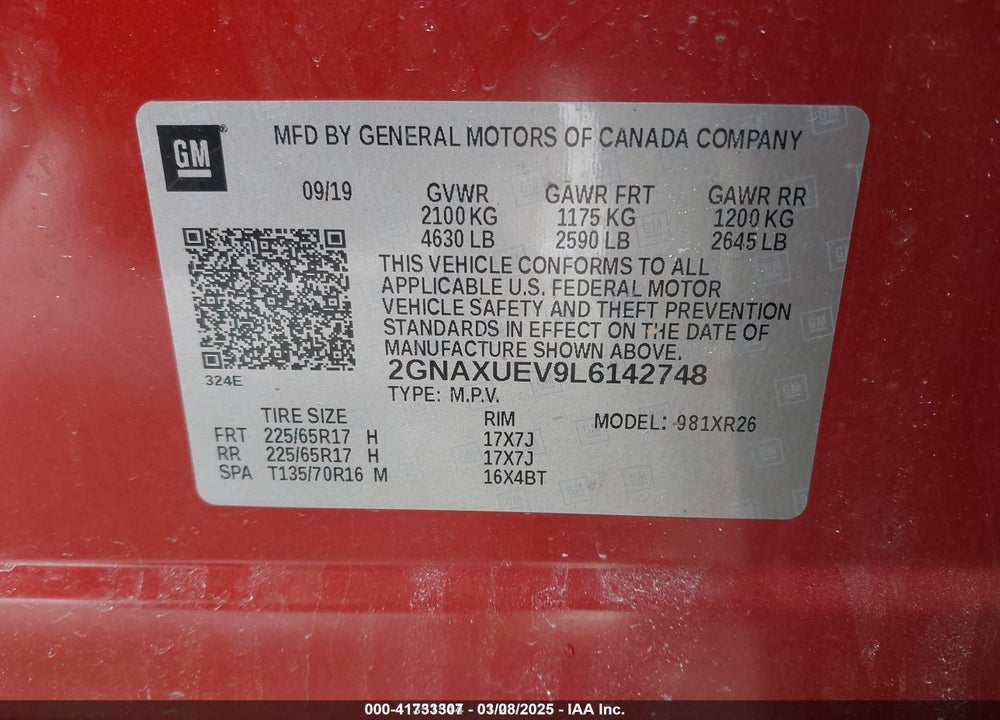 2020 CHEVROLET EQUINOX VIN: 2GNAXUEV9L6142748
