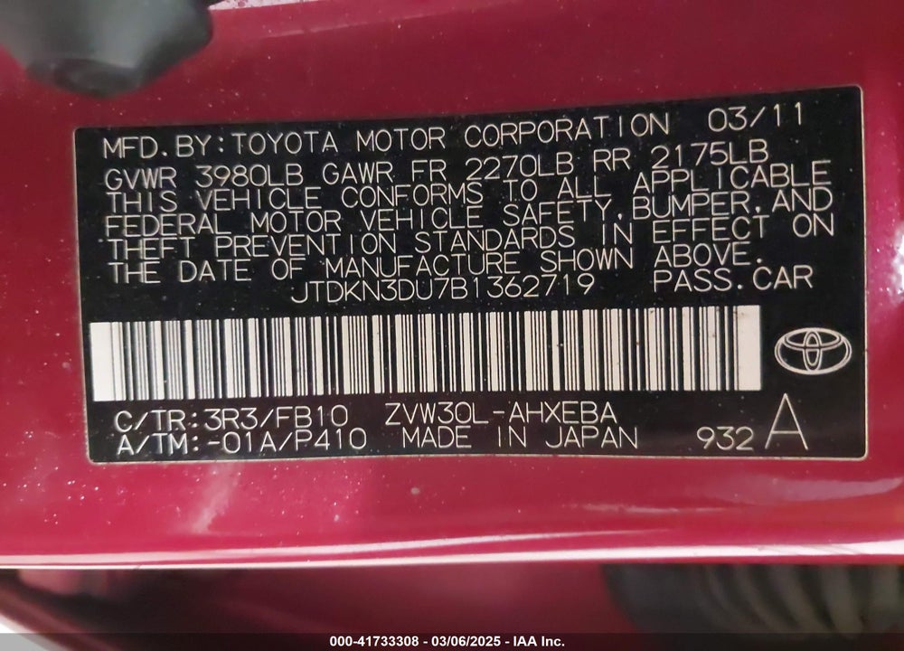 2011 TOYOTA PRIUS VIN: JTDKN3DU7B1362719
