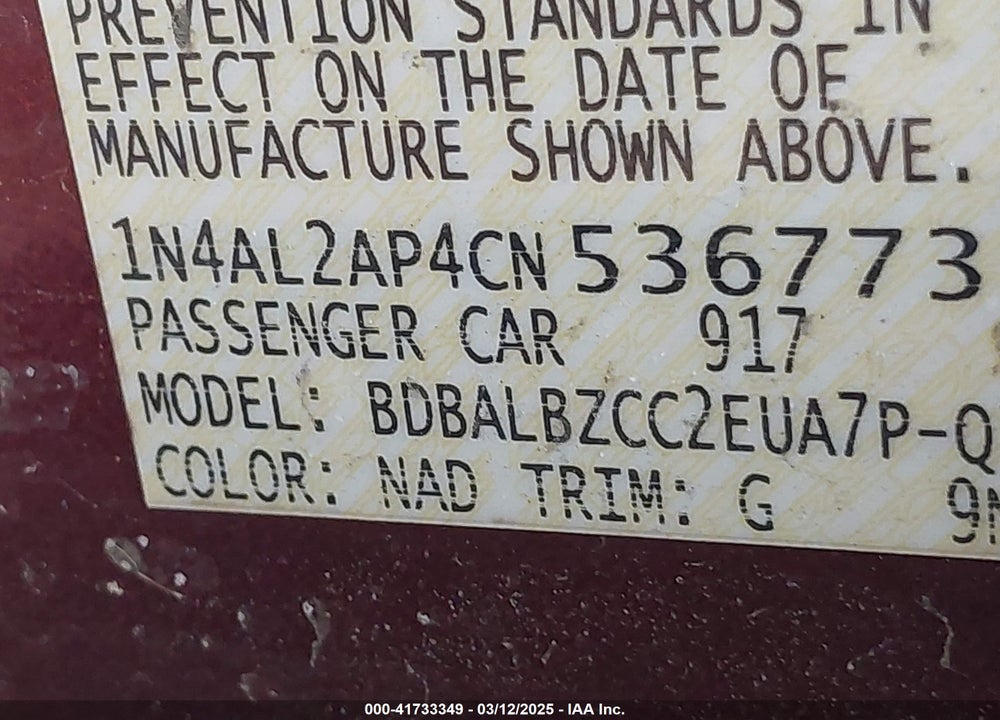 2012 NISSAN ALTIMA VIN: 1N4AL2AP4CN536773