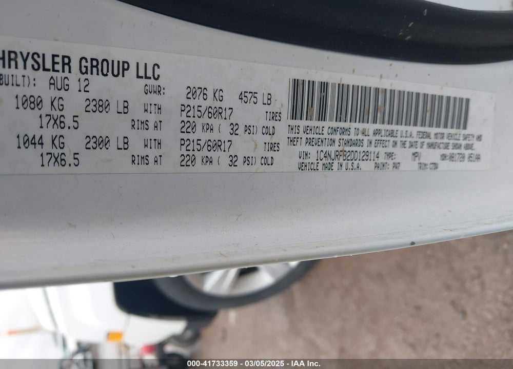 2013 JEEP PATRIOT VIN: 1C4NJRFB2DD129114