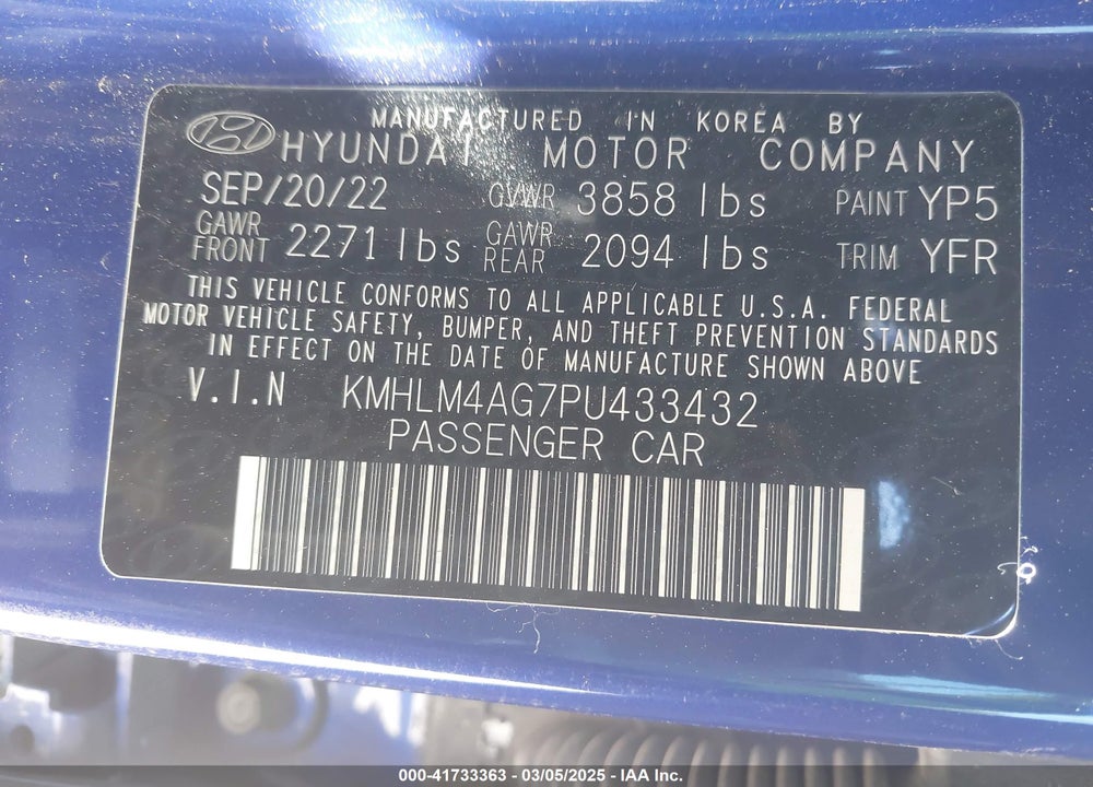 2023 HYUNDAI ELANTRA VIN: KMHLM4AG7PU433432