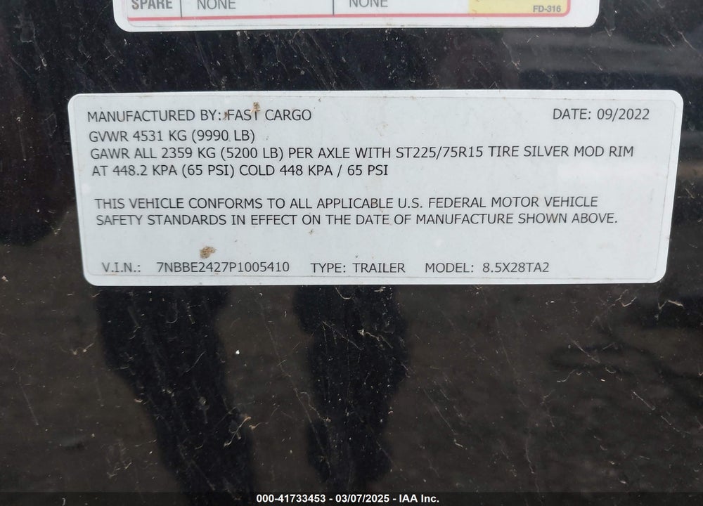 2022 FAST CARGO TRAILER VIN: 7NBBE2427P1005410