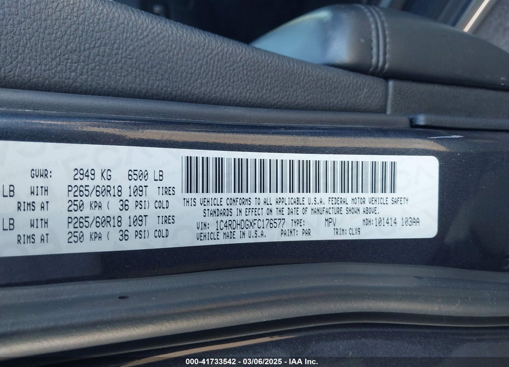 2015 DODGE DURANGO VIN: 1C4RDHDGXFC176577