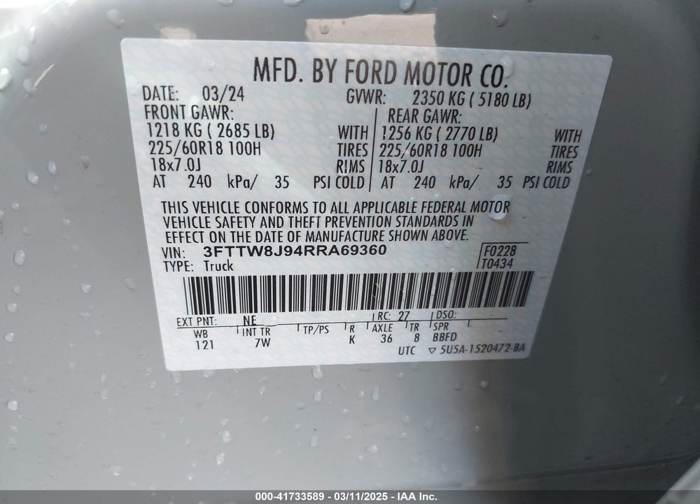 2024 FORD MAVERICK VIN: 3FTTW8J94RRA69360