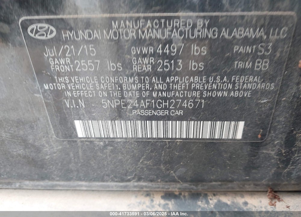 2016 HYUNDAI SONATA SE VIN: 5NPE24AF1GH274671