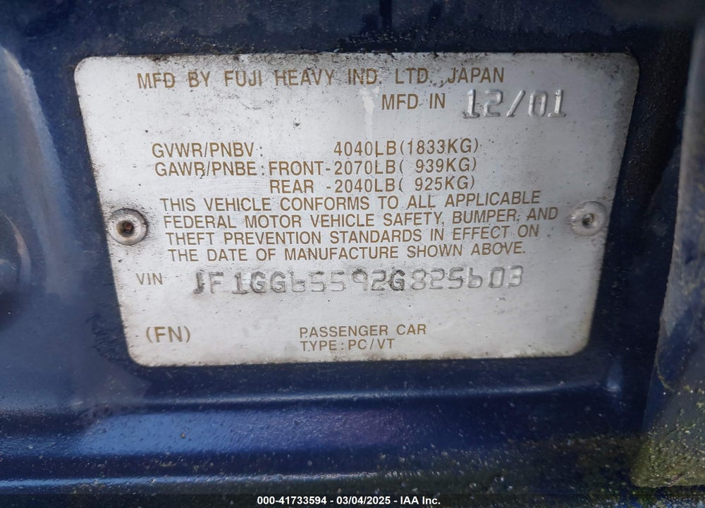 2002 SUBARU IMPREZA VIN: JF1GG65592G825603