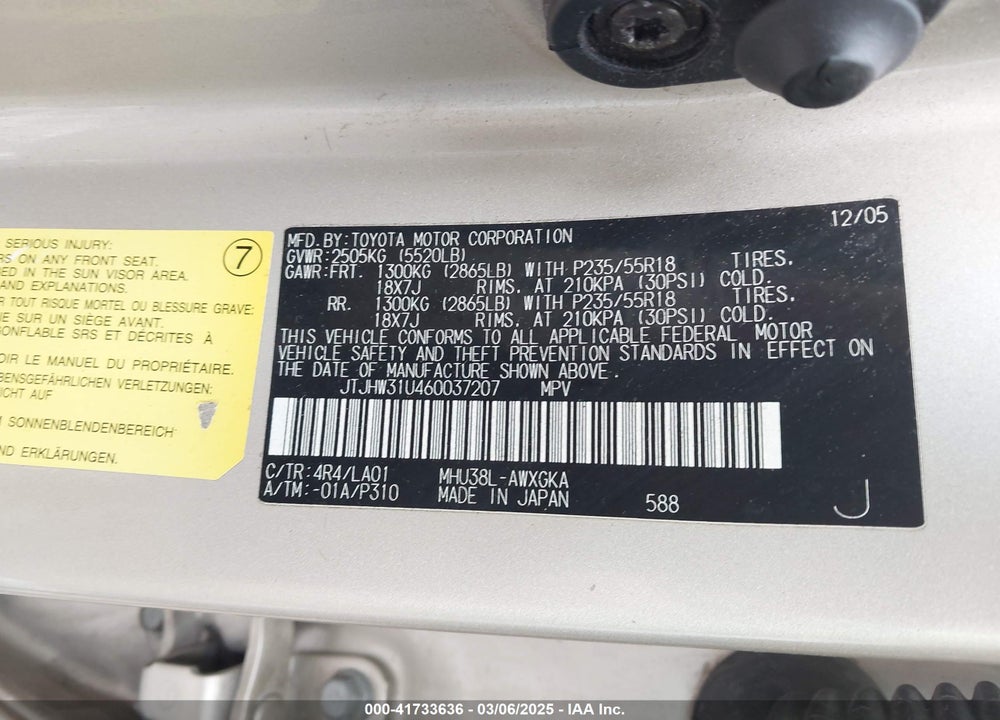 2006 LEXUS RX 400H VIN: JTJHW31U460037207