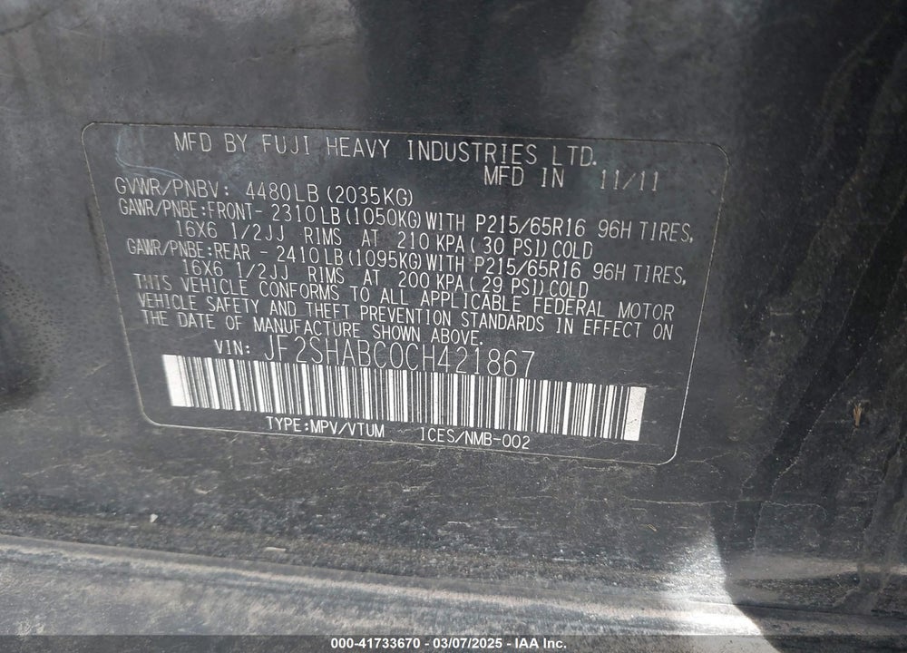 2012 SUBARU FORESTER VIN: JF2SHABC0CH421867