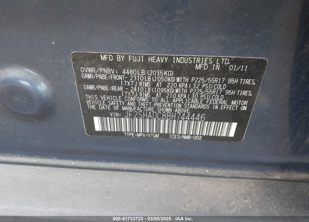 2011 SUBARU FORESTER VIN: JF2SHADC8BH744446