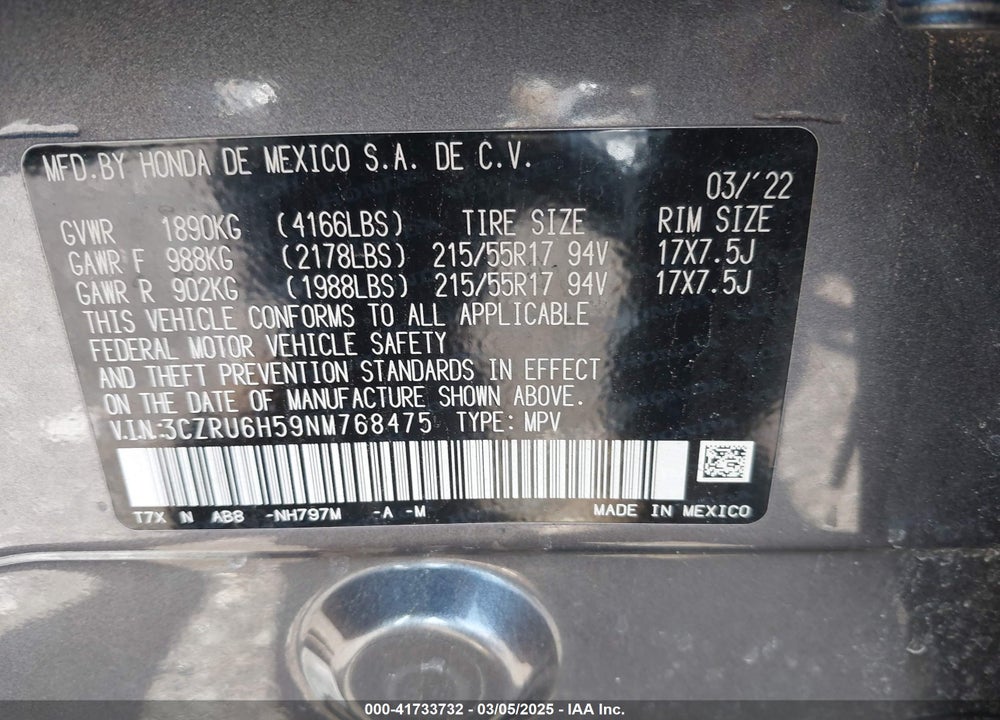 2022 HONDA HR-V AWD EX VIN: 3CZRU6H59NM768475