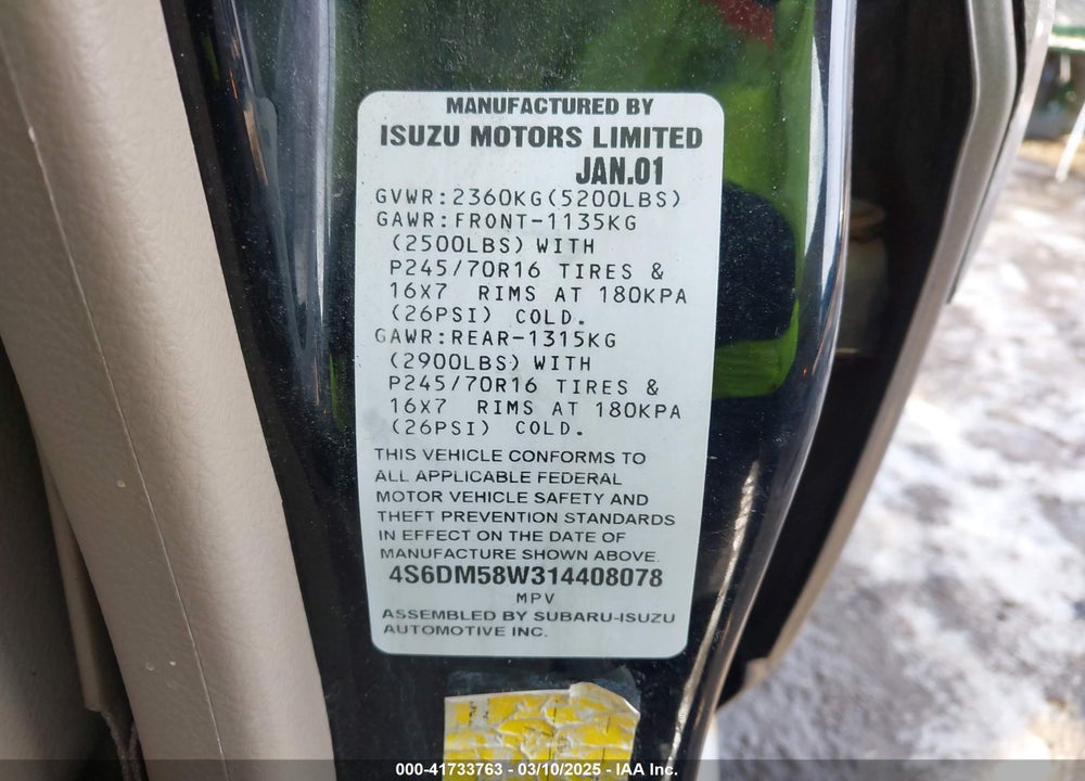 2001 HONDA PASSPORT EX/LX VIN: 4S6DM58W314408078