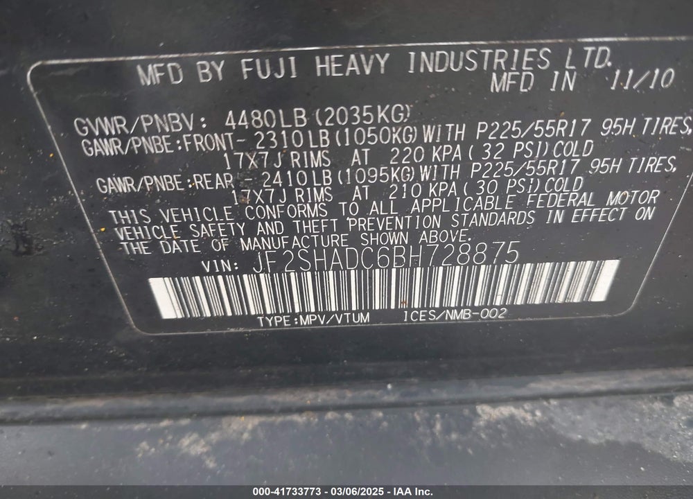 2011 SUBARU FORESTER 2.5X PREMIUM VIN: JF2SHADC6BH728875