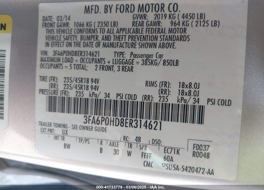 2014 FORD FUSION VIN: 3FA6P0HD8ER314621